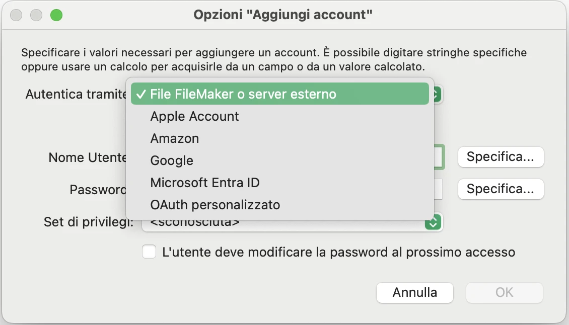 FileMaker Pro, finestra Aggiungi account: autenticazione tramite FileMaker, server esterno o provider OAuth come Microsoft Entra ID, Google, Amazon