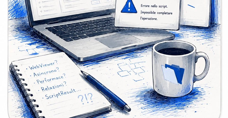 Scrivania con laptop, errore di script e appunti di domande